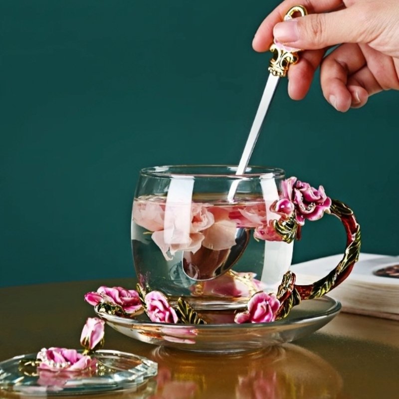 English Colour Enamels Old Country Pink Rose Clear Glass Tea Cup Set With Rose Bush Saucers English Colour Enamels Old Country Pink Rose Clear Glass Tea Cup Set With Rose Bush Saucers