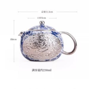 Japanese Vintage Relief Silver Dragon And Phoenix Ceramic Teapot Blue And White Pattern