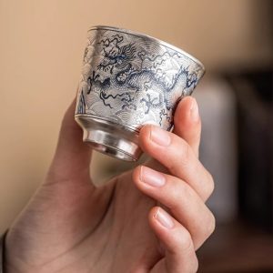 Antique Blue And White Porcelain Dragon Pattern Silver Gilding Japanese Tea Cup