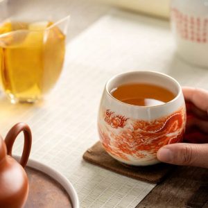Japanese Vintage Underglaze Red The Flourishing Era Of The Rising Dragon Porcelain Tea Cups