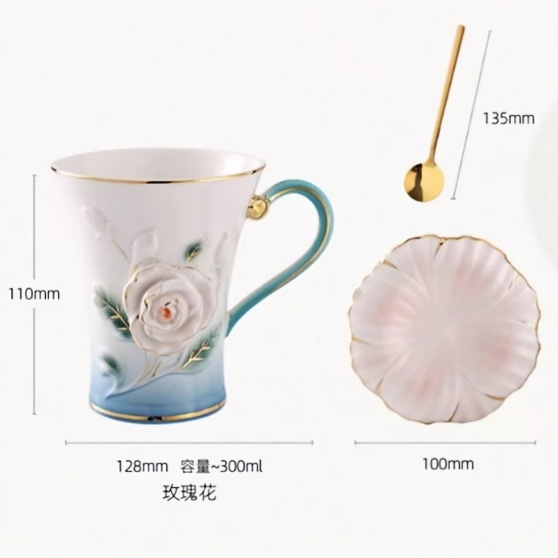 Chinese Handcraft Blue Ceramic Tea Mug Cup Set With Relief Red Roses Plant For Sale Chinese Handcraft Blue Ceramic Tea Mug Cup Set With Relief Red Roses Plant For Sale