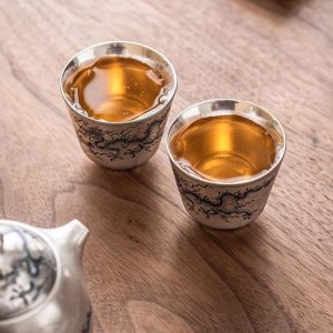Antique Blue And White Porcelain Dragon Pattern Silver Gilding Japanese Tea Cup