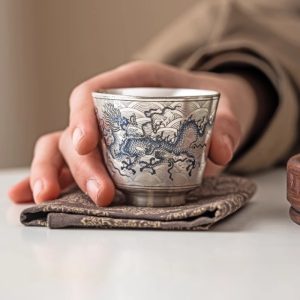 Antique Blue And White Porcelain Dragon Pattern Silver Gilding Japanese Tea Cup